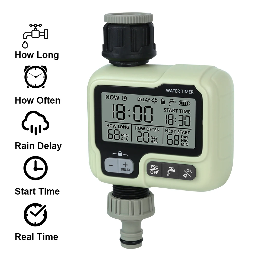 Программируемый дисплей с большим экраном, контроллер орошения, водонепроницаемый ручной режим, автоматический таймер полива для сада, лужайки
Программируемый дисплей с большим экраном, контроллер орошения, водонепроницаемый ручной режим, автоматический таймер полива для сада, лужайки