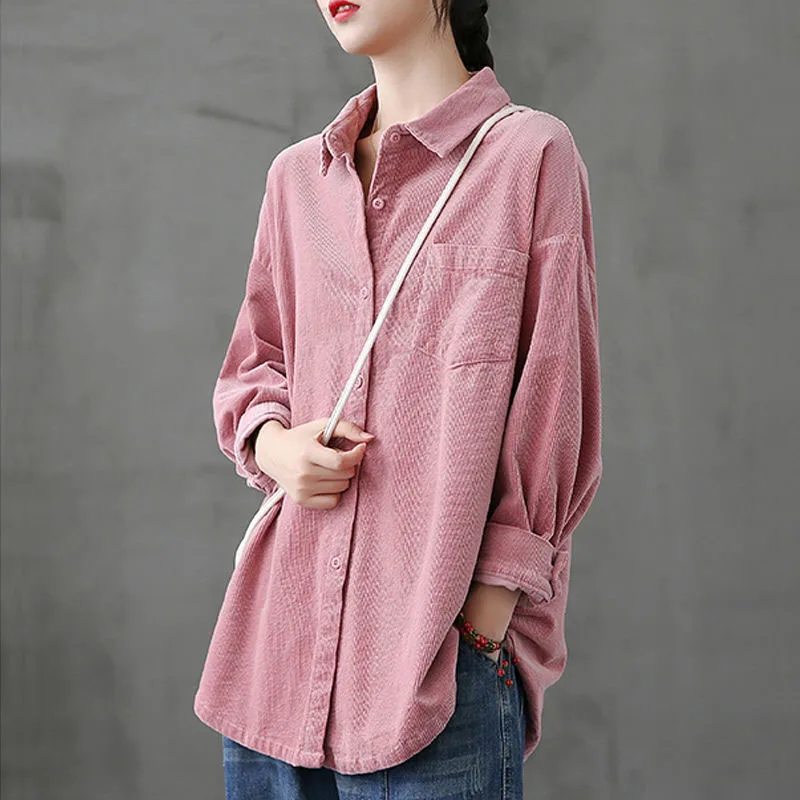 

Lucyever Pink Corduroy Shirt Coat Women Single-breasted Loose Casual Blusas Jacket Female Korean Turndown Collar Shirts Tops