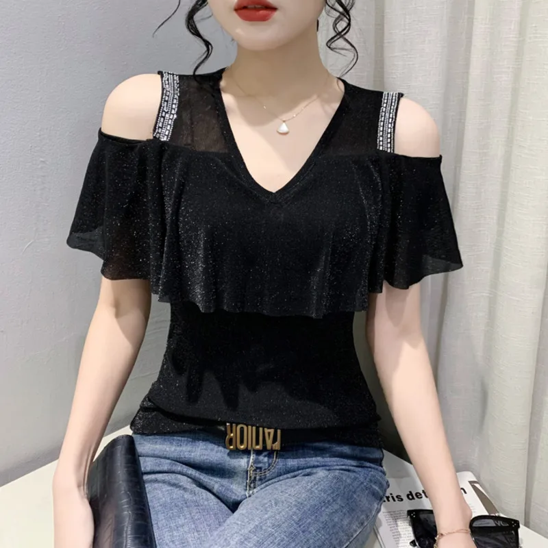 #6164 Black Blue Mesh Tshirt Ruffles Off Shoulder T Shirt Women Diamonds Sexy Thin Skinny Tshirt Female Summer Top Femme V-neck
#6164 Black Blue Mesh Tshirt Ruffles Off Shoulder T Shirt Women Diamonds Sexy Thin Skinny Tshirt Female Summer Top Femme V-neck