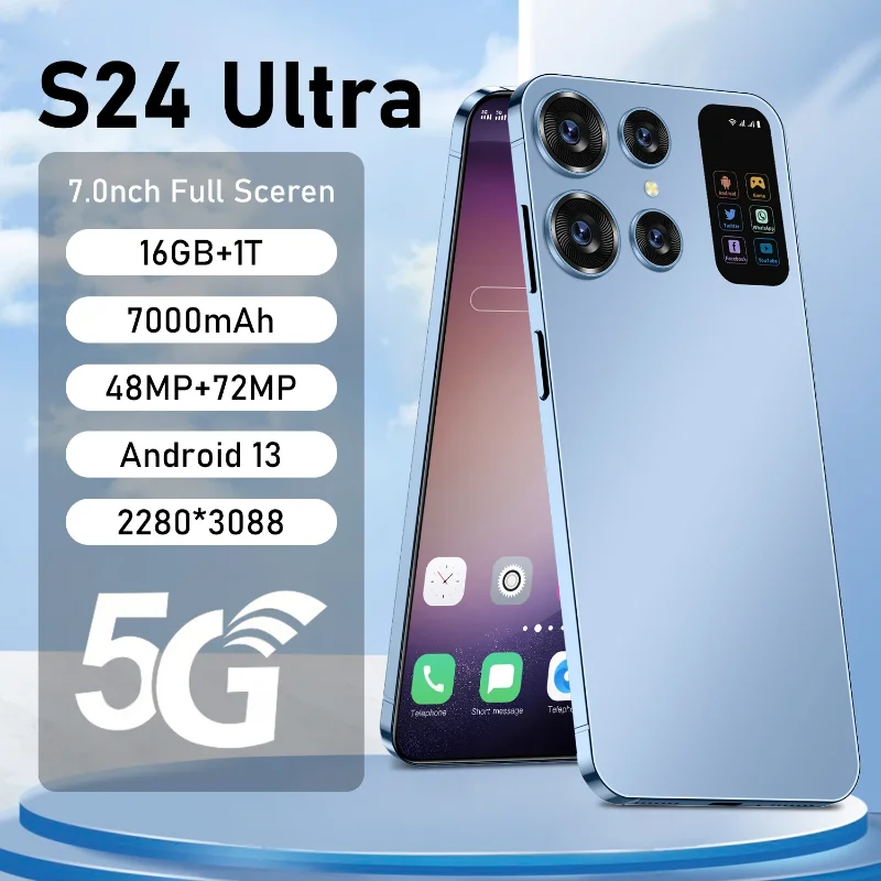 

Смартфон S24 Ultra, 7,0 дюйма, 16 + 1 ТБ, две SIM-карты, Android 7000, ма ч, 72 МП