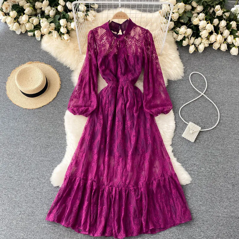 Women Lace Dress Autumn New Ladies Elegant Slim Bottoming Skirt Big Pleated Polyester Mid-Calf O-Neck Puff Sleeve Solid Dresses
Women Lace Dress Autumn New Ladies Elegant Slim Bottoming Skirt Big Pleated Polyester Mid-Calf O-Neck Puff Sleeve Solid Dresses