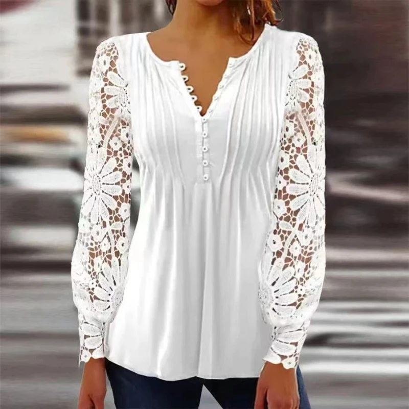 Women's Fashion T-Shirts Spring Autumn Ladies Tops Lace Long Sleeve Button V-Neck Oversized Shirs Fenale
Women's Fashion T-Shirts Spring Autumn Ladies Tops Lace Long Sleeve Button V-Neck Oversized Shirs Fenale