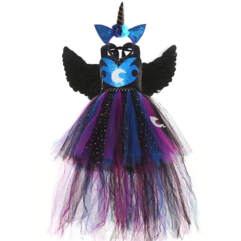 Платье-пачка для девочек, в стиле принцессы луна, с блестками и головной повязкой в виде крыла, для Хэллоуина, карнавального костюма единорога, детская одежда для косплея