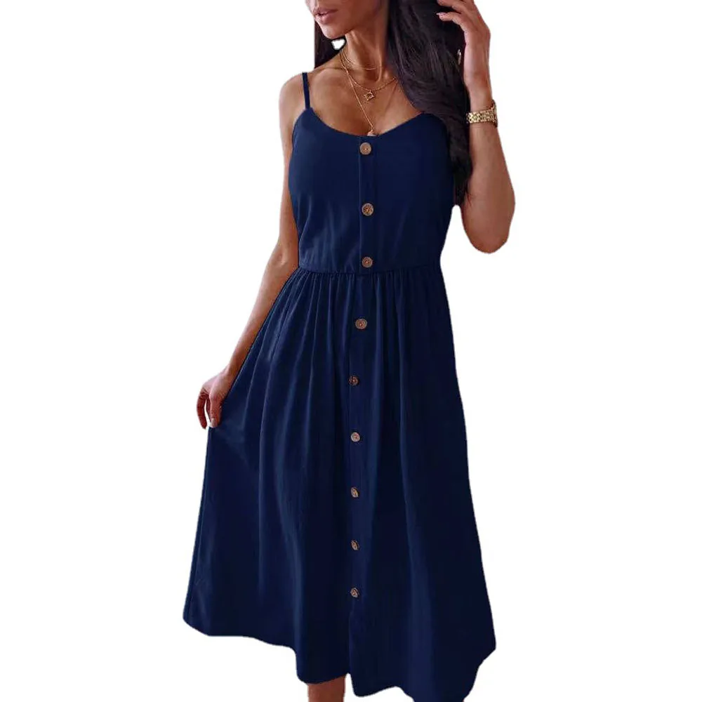 Summer Women's Dresses Fashion Sexy Spaghetti Backless V Neck Single Breasted Casual Loose High Waist Black Blue Long Dress 2021
Summer Women's Dresses Fashion Sexy Spaghetti Backless V Neck Single Breasted Casual Loose High Waist Black Blue Long Dress 2021