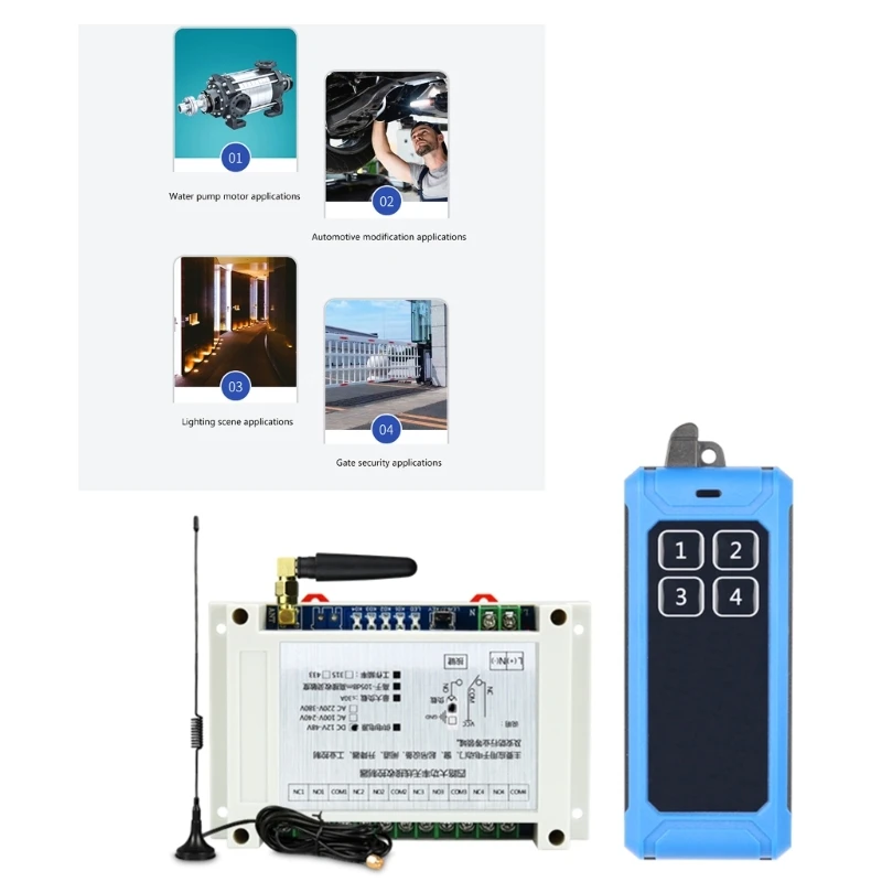 315Mhz/RF433Mhz Wireless Remote Control Switch 85V-380V Relay 4CH Receiver Controller and 4Button Transmitter
315Mhz/RF433Mhz Wireless Remote Control Switch 85V-380V Relay 4CH Receiver Controller and 4Button Transmitter
