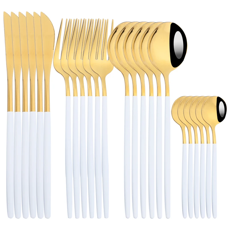 24Pcs/Set White Gold Dinnerware Set Stainless Steel Dinner Knife Fork Coffee Spoon Cutlery Set Kitchen Tableware Silverware Sets
24Pcs/Set White Gold Dinnerware Set Stainless Steel Dinner Knife Fork Coffee Spoon Cutlery Set Kitchen Tableware Silverware Sets