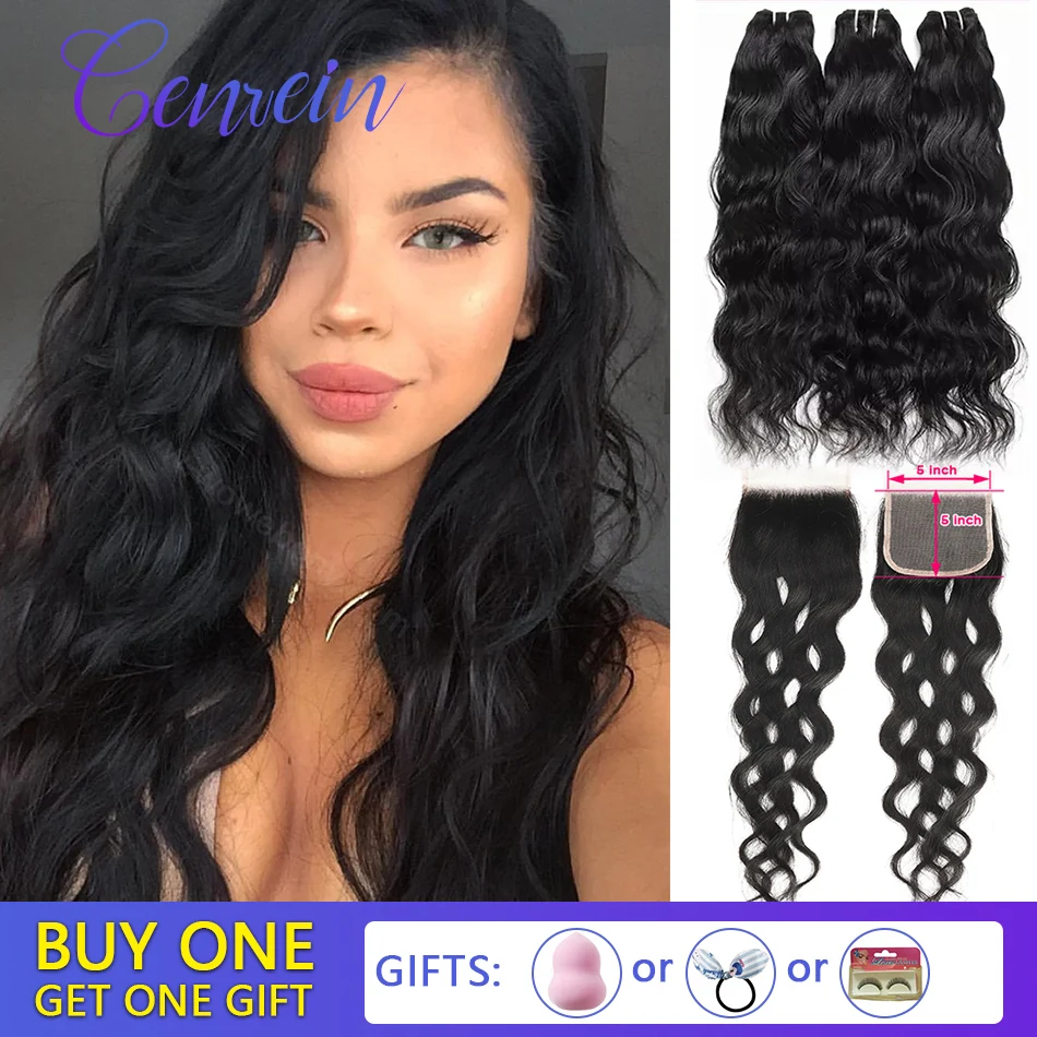 

Malaysian Natural Wave 3 Bundles With Closure Remy Human Hair 28Inch Weave Bundle Deals 5x5 HD Transparent Lace Frontal Closure