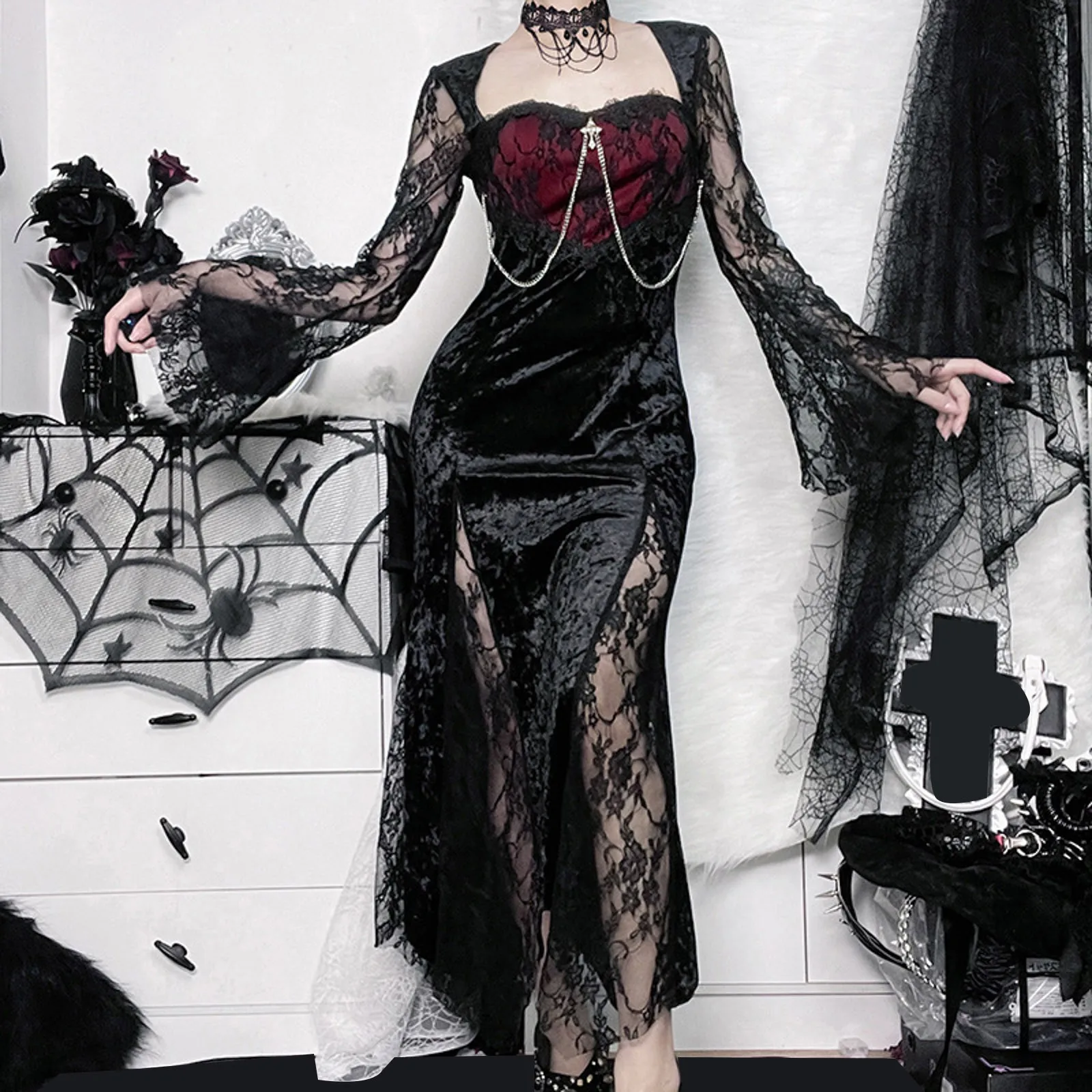 

Женское вечернее платье с кружевом, готическое винтажное бархатное платье миди с разрезом и вышивкой, сексуальный наряд для Хэллоуина в стиле гранж и эстетики E-Girl