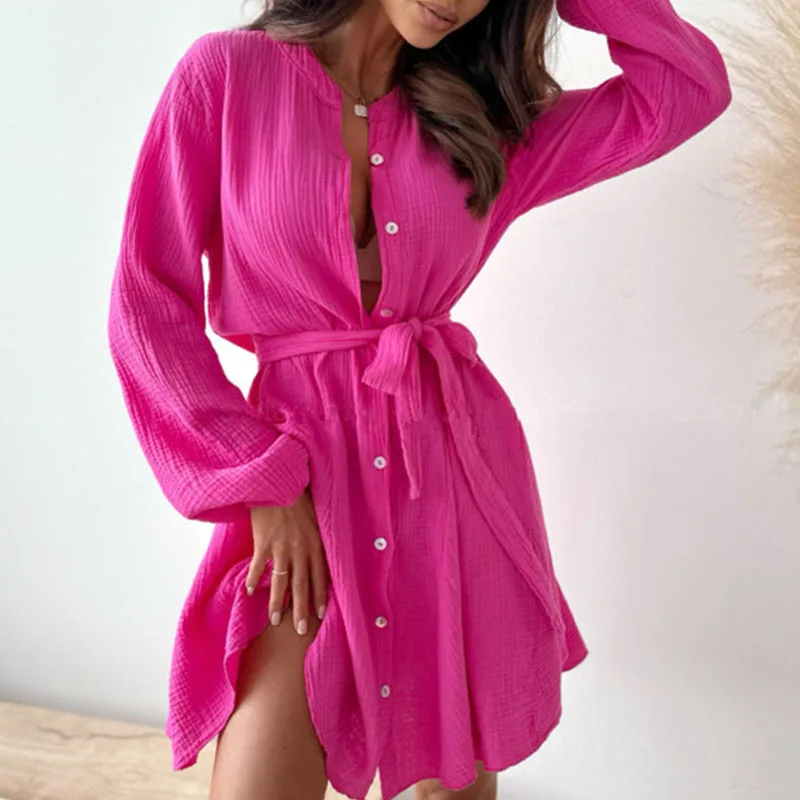 Fashion Single-breasted Lace-up Shirt Dress Spring Casual Long Sleeve Solid Mini Dress Summer Elegant O-neck Pleated Party Dress
Fashion Single-breasted Lace-up Shirt Dress Spring Casual Long Sleeve Solid Mini Dress Summer Elegant O-neck Pleated Party Dress