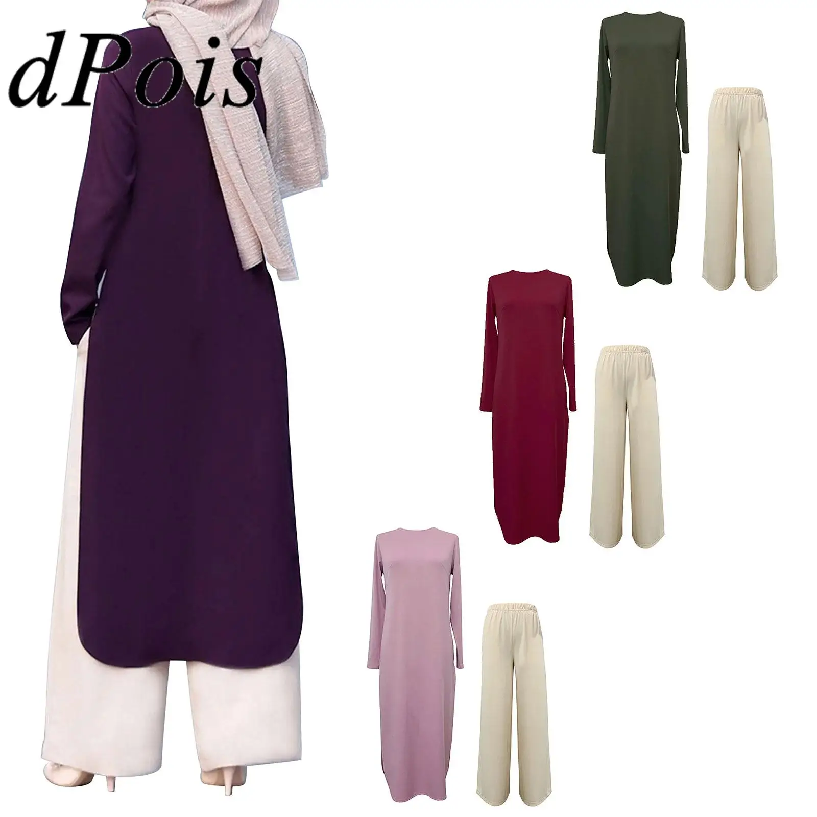 Женская абайя, костюмы из двух частей, халат с длинным рукавом и разрезом, свободные брюки, женская одежда в исламском стиле, средней длины 
Женская абайя, костюмы из двух частей, халат с длинным рукавом и разрезом, свободные брюки, женская одежда в исламском стиле, средней длины