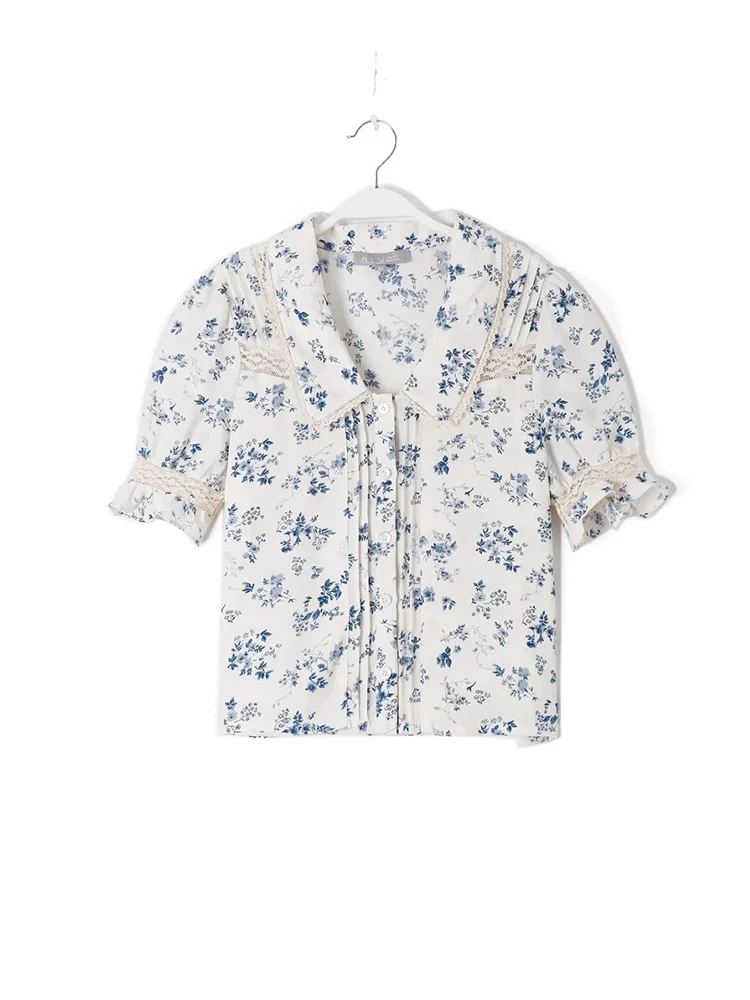 Women Blue Floral Print Short Sleeve Blouses Summer Turn-down Collar Single Breasted Tops Shirts
Women Blue Floral Print Short Sleeve Blouses Summer Turn-down Collar Single Breasted Tops Shirts