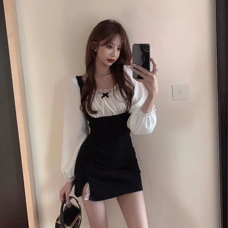 

Dress Women Spring Sexy Puff Sleeve Slim Mini Fashion Korean Style Square Collar Mature Feminine Leisure Sweet Street Cool New