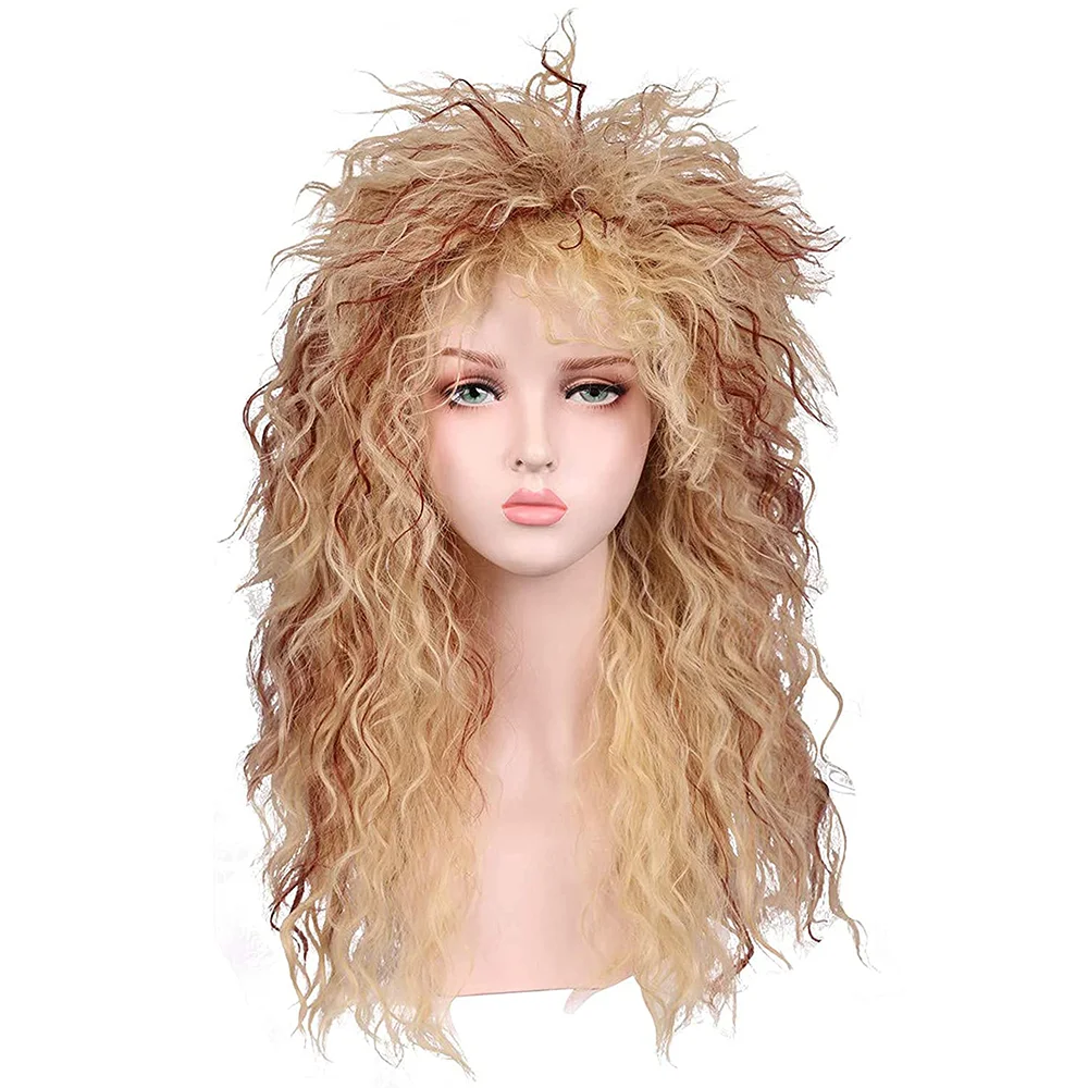 

FGY Men's 70's 80's Long Golden Brown Curly Wig Halloween Cosplay Rock Punk Synthetic Wig Mullet Head High End Disco Party Wig