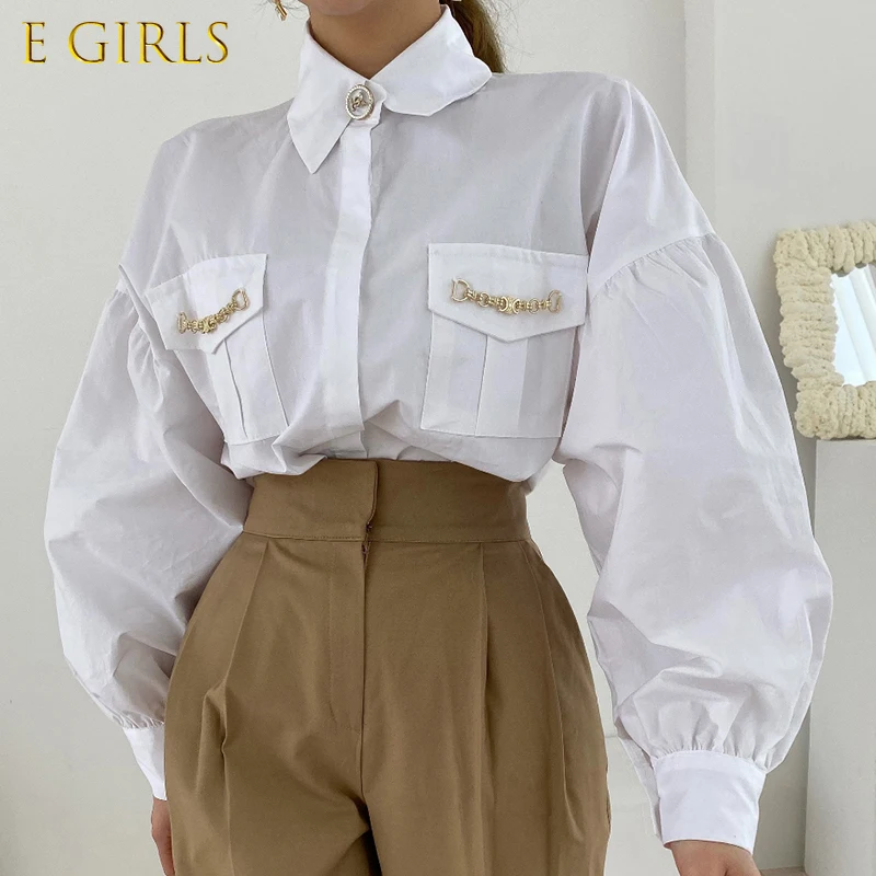 E GIRLS Chic Chain Patchwork Women Tops Korean Causal Folds Pockets Puff Sleeve Blouse New Elegant Blusas Shirt
E GIRLS Chic Chain Patchwork Women Tops Korean Causal Folds Pockets Puff Sleeve Blouse New Elegant Blusas Shirt