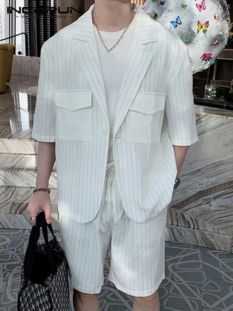 2022 Men Striped Sets Streetwear Half Sleeve Pockets Shirt & Shorts 2PCS Fashion Loose Korean Men's Casual Suits S-5XL INCERUN 
2022 Men Striped Sets Streetwear Half Sleeve Pockets Shirt & Shorts 2PCS Fashion Loose Korean Men's Casual Suits S-5XL INCERUN