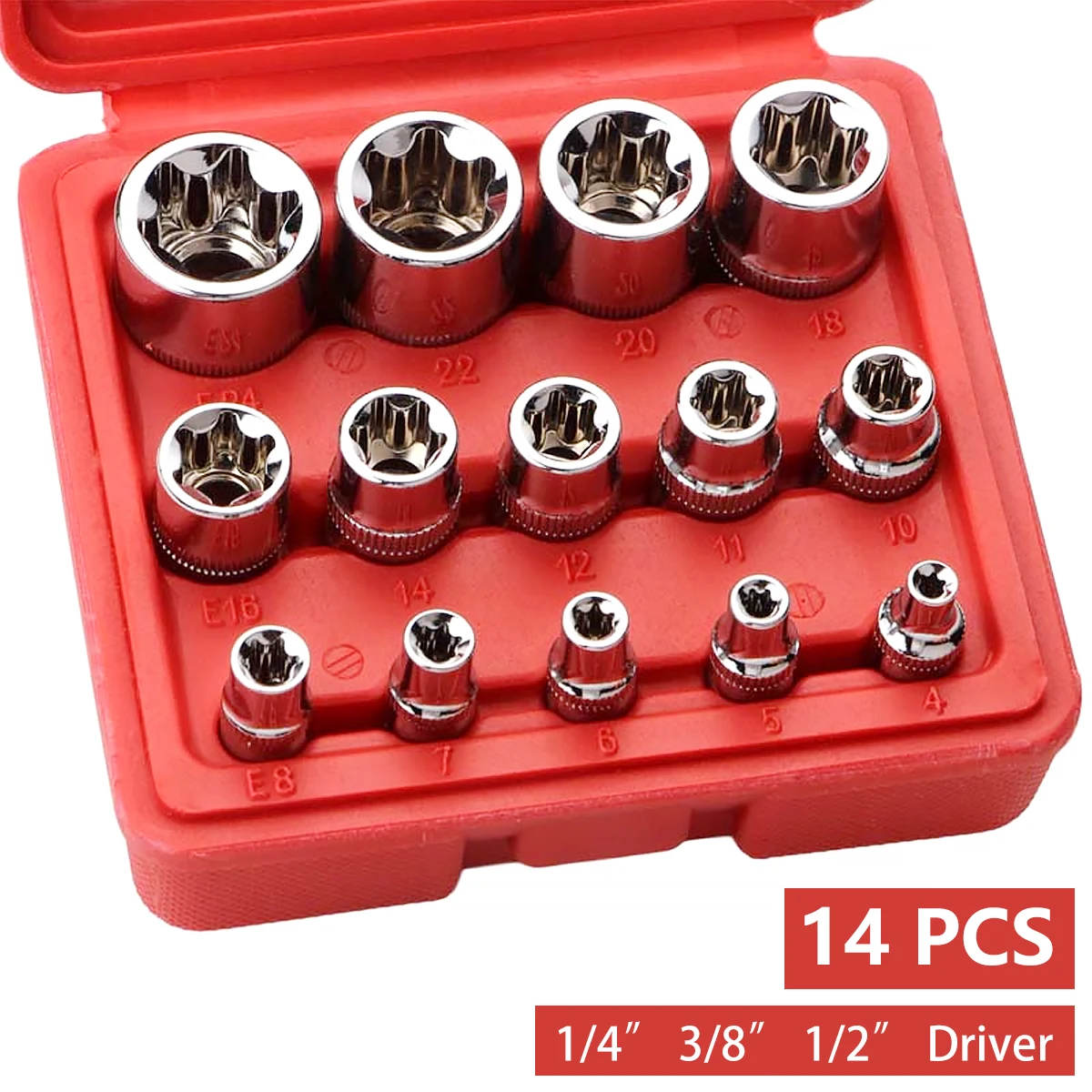 14Pcs E Torx Socket Set Female E-Torx Star Socket Set Portable E4-E24 External Torque Star Socket Kit Professional Durable
14Pcs E Torx Socket Set Female E-Torx Star Socket Set Portable E4-E24 External Torque Star Socket Kit Professional Durable