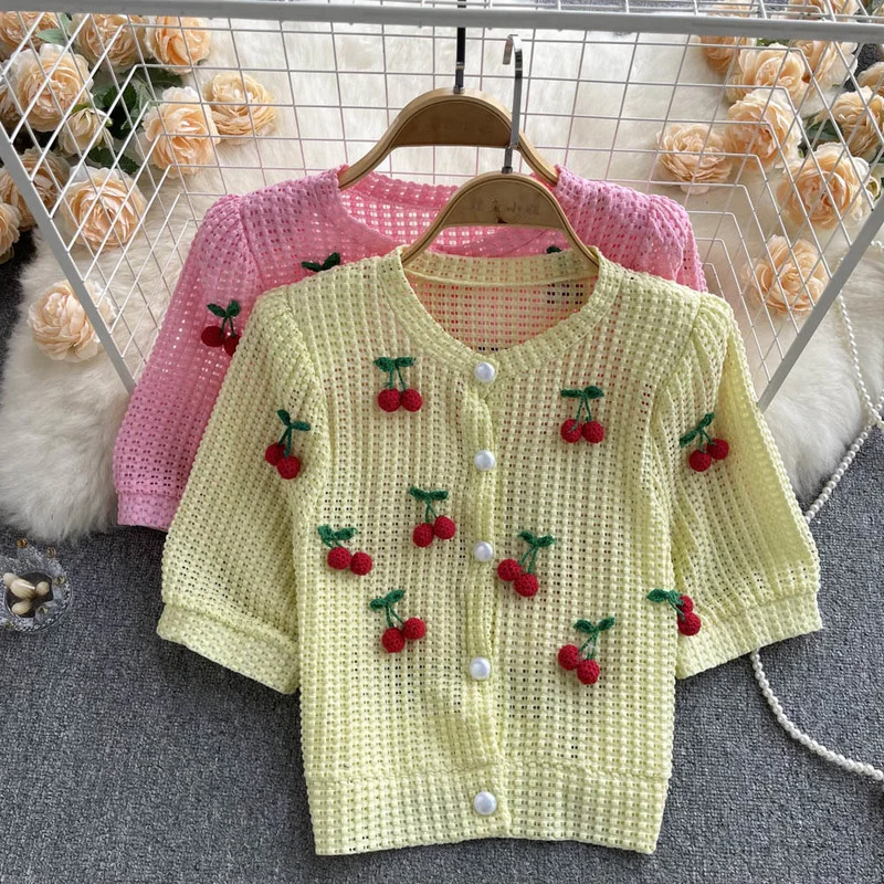 Sweet Casual Cardigans Women 3D Cherry Puff Short Sleeve Hollow Out Femme Sweaters Korean Fashion Single Breasted Woman Cardigan
Sweet Casual Cardigans Women 3D Cherry Puff Short Sleeve Hollow Out Femme Sweaters Korean Fashion Single Breasted Woman Cardigan