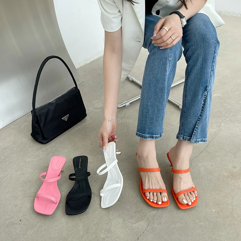 

Мюли женские на низком каблуке, сандалии с узким ремешком, квадратный носок, элегантная пляжная обувь, цвет оранжевый, лето
