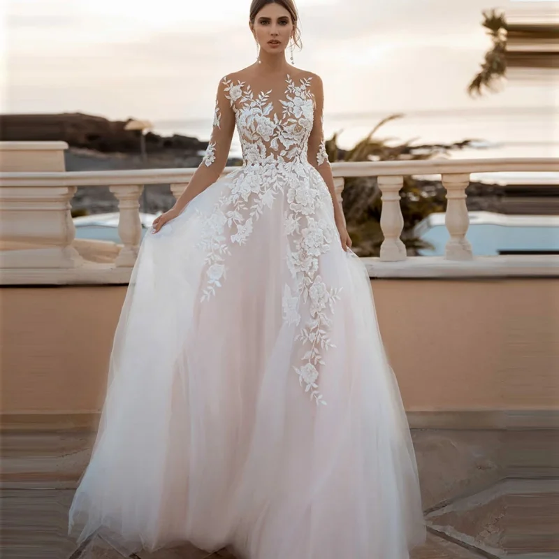 Illusion Lace Wedding Dresses 3/4 Sleeve See Through Floral Applique Blush Wedding Dress Sexy Robe De Mariee
Illusion Lace Wedding Dresses 3/4 Sleeve See Through Floral Applique Blush Wedding Dress Sexy Robe De Mariee
