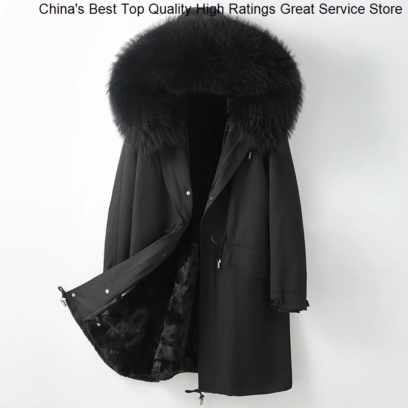 

Casual Winter Parka Hwitex Women Lady Mink fur Lined Jacket Raccoon Fur Collar Long Coat HW1065