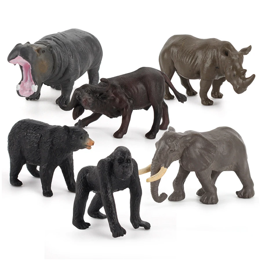 

6PCS Mini Forest Jungle Animal Figures Elephant Hippo Rhinoceros Buffalo Black Bear Gorilla Animals Model Educational Toys Gifts