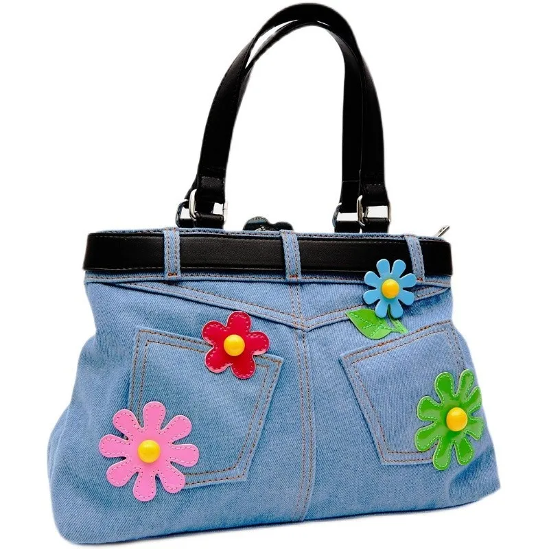 

Джинсовая винтажная женская маленькая сумка-тоут на плечо, необычная дамская сумочка с цветочным украшением для подмышек в стиле ретро, дорожные дамские чемоданчики