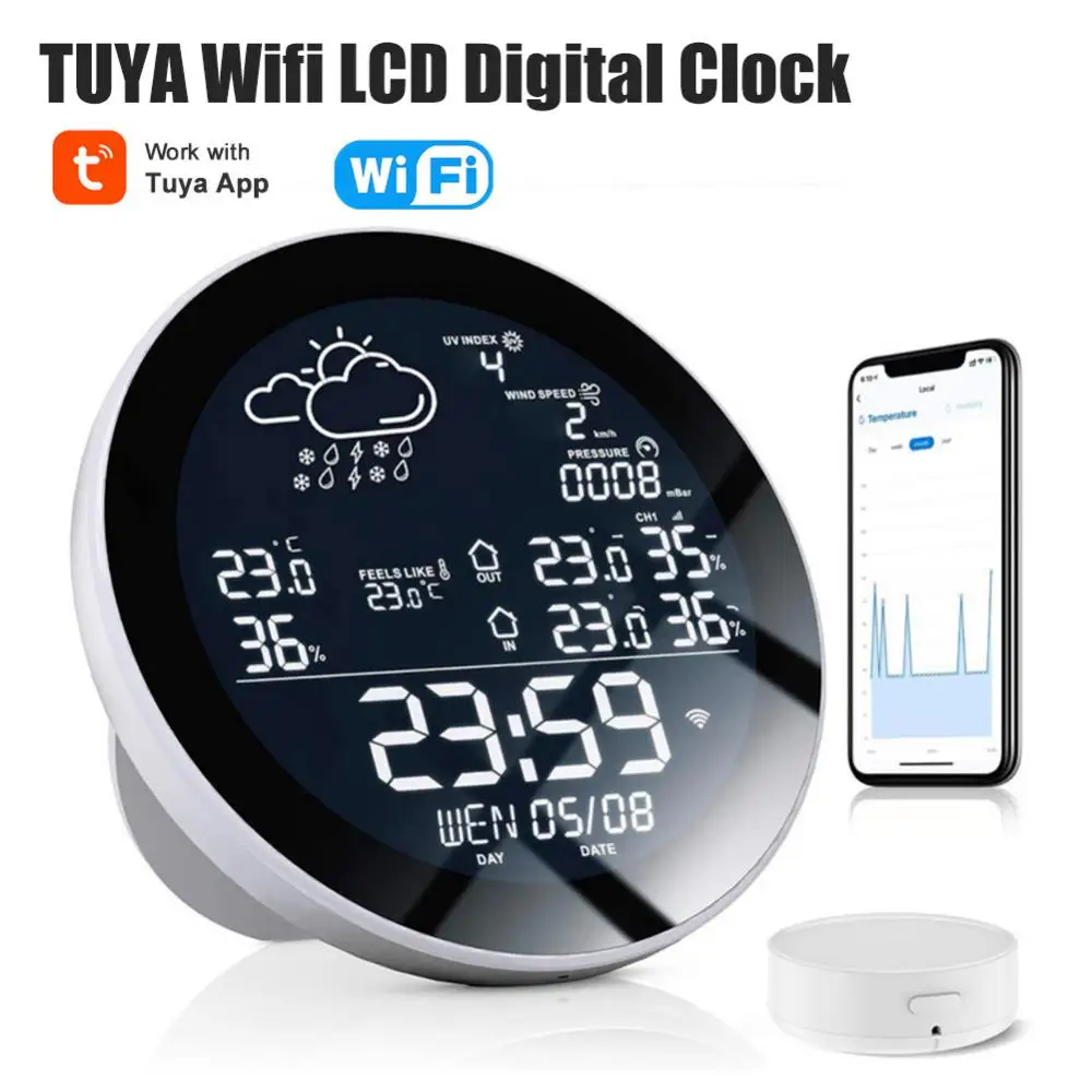 TUYA цифровой будильник WiFi Метеостанция Крытый Открытый LCD Измеритель температуры и влажности барометр ветер погода приложение прогноз
TUYA цифровой будильник WiFi Метеостанция Крытый Открытый LCD Измеритель температуры и влажности барометр ветер погода приложение прогноз