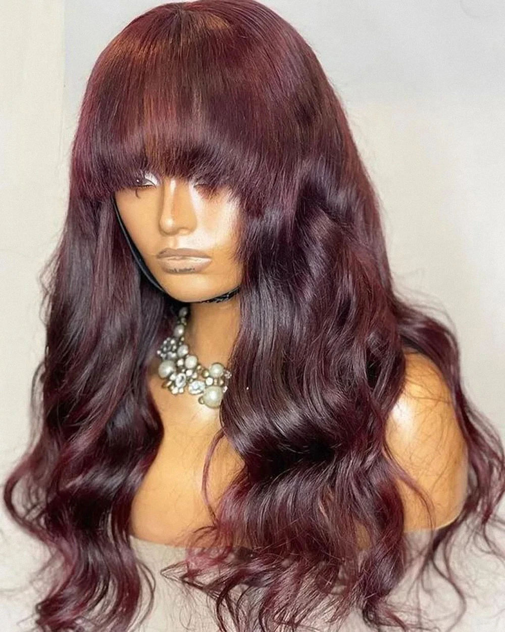 

99J Burgundy Red Body Wave Wig With Bangs Fringe Human Hair Wigs For Women Brazilian Full Machine Made Remy Glueless Fringe Wig