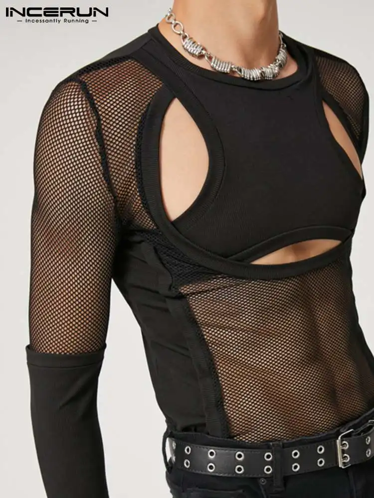 INCERUN Men T Shirt Mesh Patchwork O-neck Long Sleeve Sexy Tee Tops See Through Hollow Out Streetwear Party Nightclub Camisetas 
INCERUN Men T Shirt Mesh Patchwork O-neck Long Sleeve Sexy Tee Tops See Through Hollow Out Streetwear Party Nightclub Camisetas