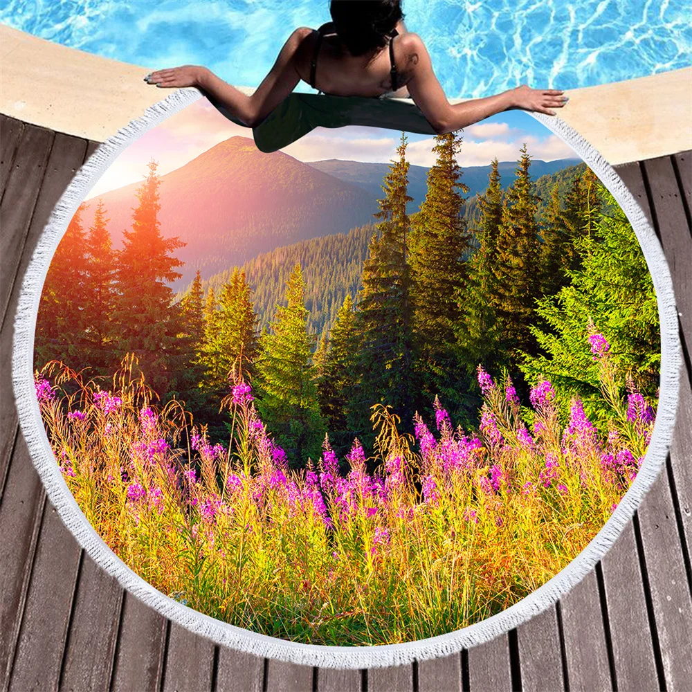 

Quick-dry Microfiber Beach Towel Round Modern Flower Valley Natural Scenic Wall Tapestry Printed Large Picnic Yoga Mat Blanket