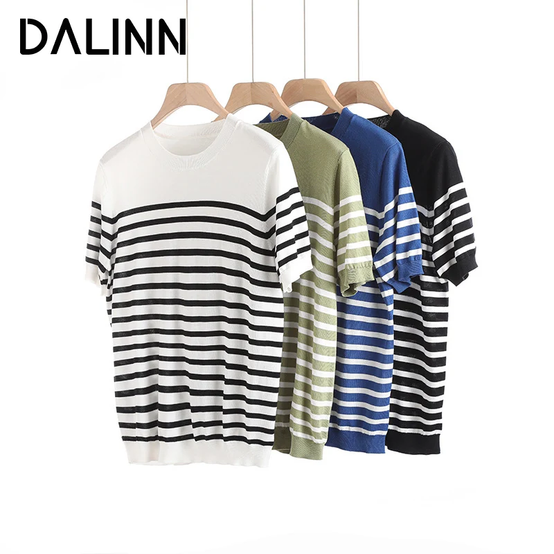 

Woman Stripes T Shirts Basic O Neck Short Sleeves Silk Cotton Blend Cozy Tee 2023 Spring Summer New Knitted Top DALINN