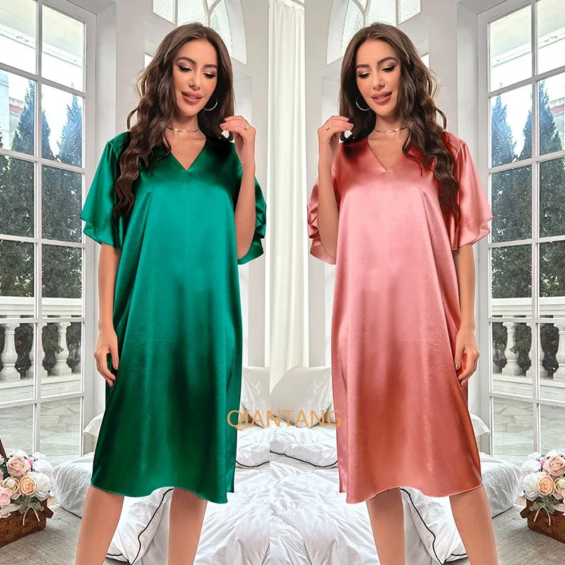 Women Nightdress V-Neck Sleepwear Satin Sleep Dress Intimate Lingerie Short Sleeve Nightgown Summer Loose Home Dressing Gown
Women Nightdress V-Neck Sleepwear Satin Sleep Dress Intimate Lingerie Short Sleeve Nightgown Summer Loose Home Dressing Gown