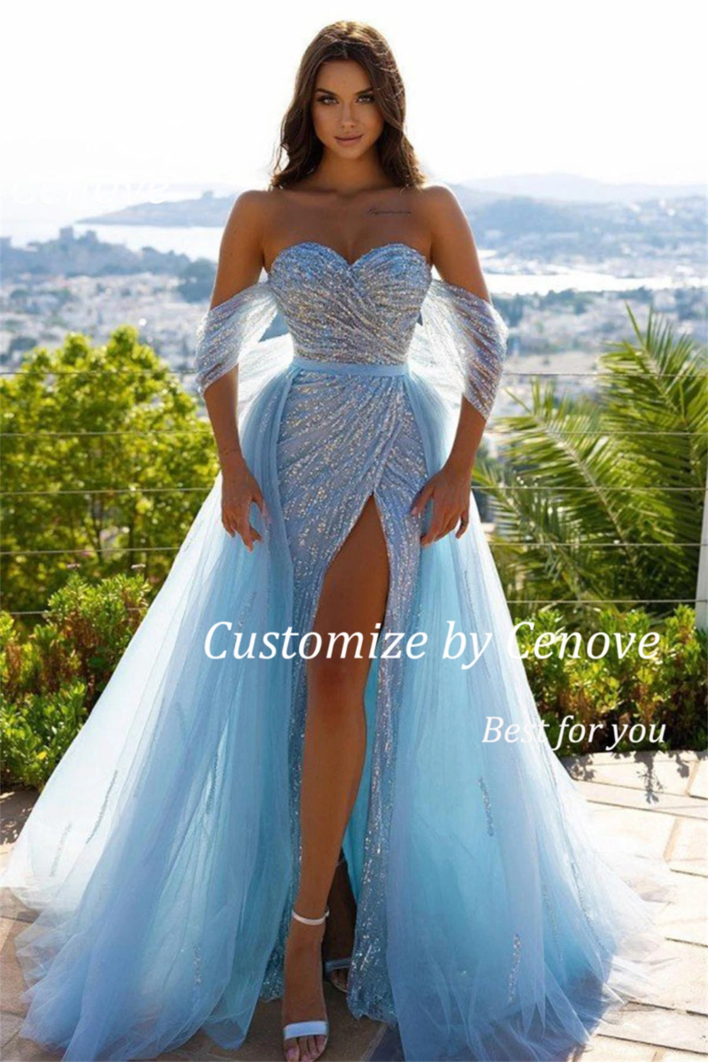 

Cenove Bubble Sleeve A-Line Sequin Evening Gown Formal Princess Prom Strapless Long Blue New Party Dresses for Women 2023