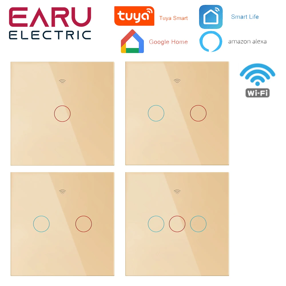 EU Tuya WiFi Smart Wall Switch with Glass Panel Sensor Smart Light Touch Switch with No Neutral Wire Gold for Google Home
EU Tuya WiFi Smart Wall Switch with Glass Panel Sensor Smart Light Touch Switch with No Neutral Wire Gold for Google Home