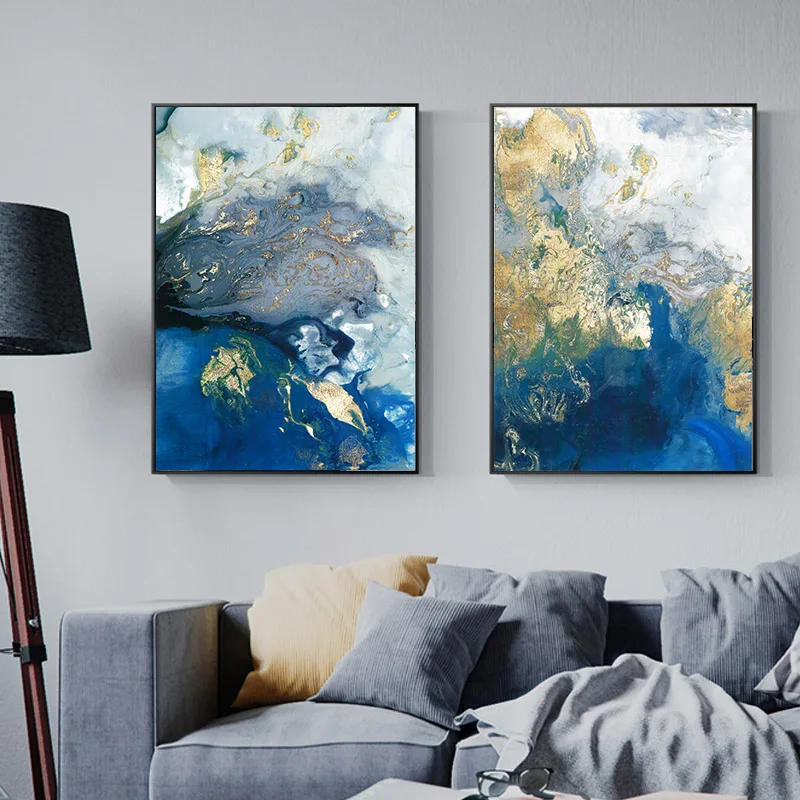 

Blue Golden Modern Abstract Ocean Wall Poster Nordic Canvas Print Painting Living Room Decor Contemporary Art Decoration Picture