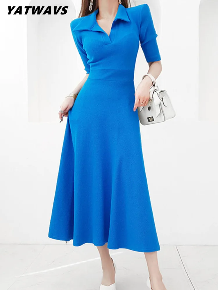 Women Summer Elegant Knitted Long Dresses Autumn Korean Lapel Collar High Waist Female Simple Casual Mid Length Dress Clothes
Women Summer Elegant Knitted Long Dresses Autumn Korean Lapel Collar High Waist Female Simple Casual Mid Length Dress Clothes
