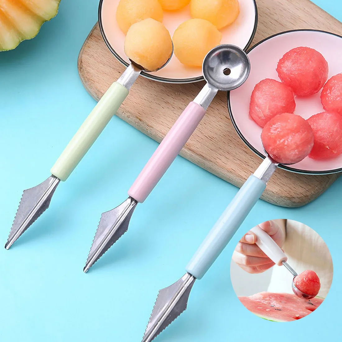 

Multi Function Fruit Carving Knife Watermelon Baller Ice Cream Dig Ball Scoop Spoon Baller Kitchen DIY Cold Dishes Tools Gadgets