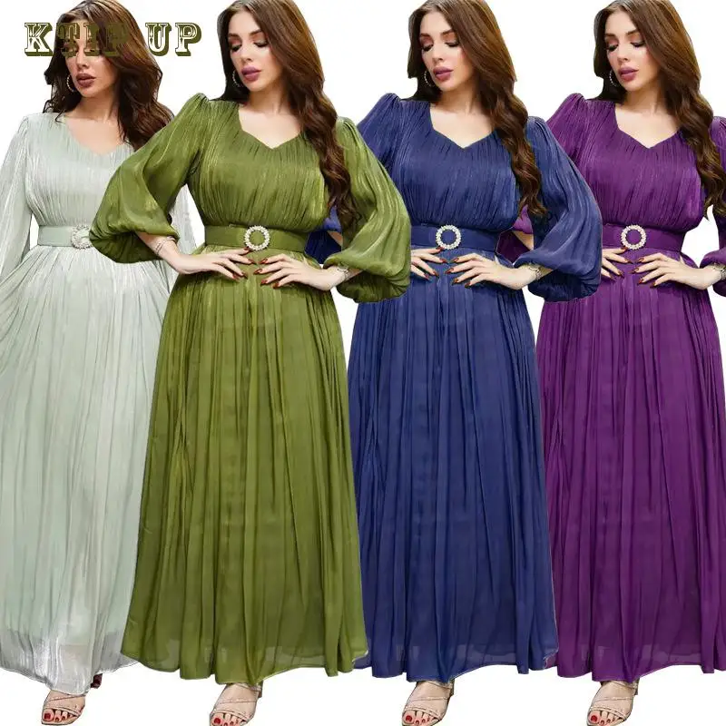 

Middle East Moroccan Kaftan Saudi Arabian Women's Fashion Muslim Bright Silk Ribbon Belt Dress Dubai Robe Islamic Abaya Turkey
