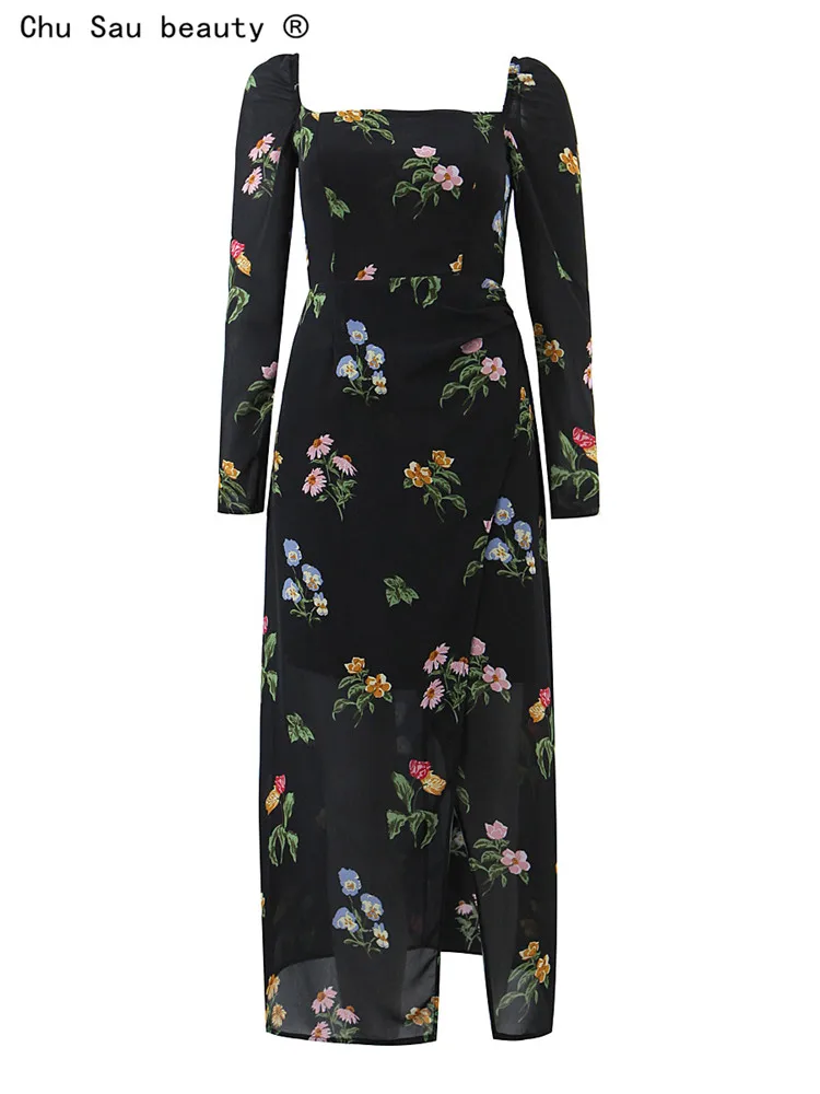 2023 Spring Summer New Vintage Slim Chic Square Collar Printed Chiffon Slit Long Midi Dress Women Evening Dress
2023 Spring Summer New Vintage Slim Chic Square Collar Printed Chiffon Slit Long Midi Dress Women Evening Dress