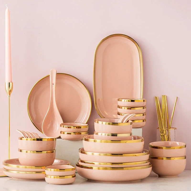 8/10 Person Use Tableware Set Dishes Ceramic Food Plate Bowl Set Pink Golden Porcelain Dinnerware Set Dish for Restaurant Hotel
8/10 Person Use Tableware Set Dishes Ceramic Food Plate Bowl Set Pink Golden Porcelain Dinnerware Set Dish for Restaurant Hotel