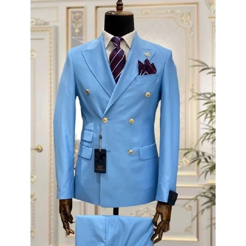 

Мужские костюмы с лацканами с голубым пиком, мужской костюм, двубортный свадебный смокинг, мужской облегающий блейзер для выпускного вечера, 2 предмета