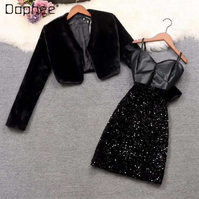Winter New Faux Fur Coat PU Leather Sequin Dress Black Two-Piece Suit Fpr Women Elegant Wool Coat and Dress Sets for Ladies
Winter New Faux Fur Coat PU Leather Sequin Dress Black Two-Piece Suit Fpr Women Elegant Wool Coat and Dress Sets for Ladies