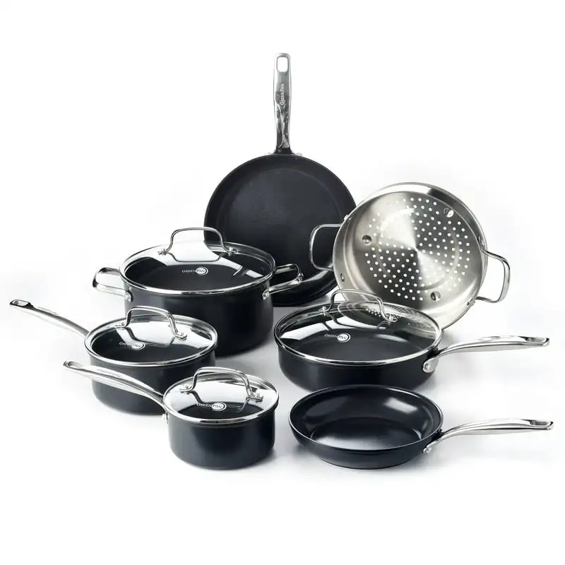 

Твердая анодированная безопасная керамическая Антипригарная посуда из 11 предметов набор кастрюль и сковородок, без PFAS, можно мыть в посудомоечной машине, подходит для духовки, черное охлаждение