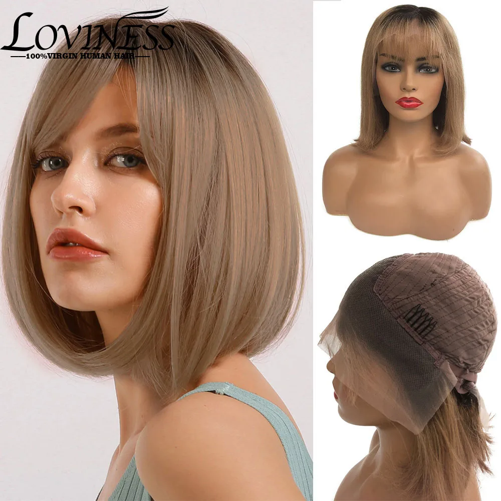 

Ombre Brown Lace Bob Wig With Bangs Balayage Straight Glueless 13x4 Lace Front Human Hair Blunt Cut Short Bob Wigs With Fringe