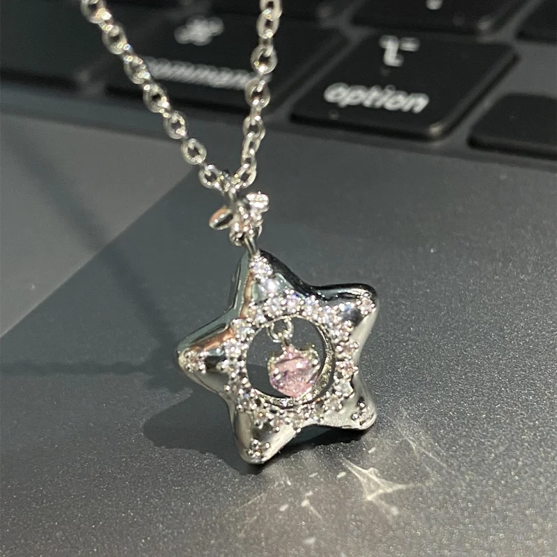 

2023 Pink Crystal Wishing Star Necklaces Women Rhinestone Collarbone Chain Valentine Day Gift for Girlfriend Party Jewelry Gifts