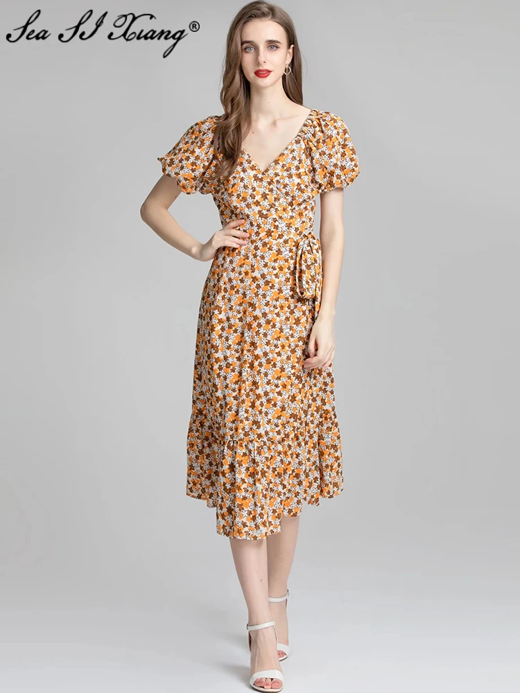 Seasixiang Fashion Designer Summer Dress Women Lace Up V-neck Puff Sleeve Flower Print Vintage Party Midi Dresses
Seasixiang Fashion Designer Summer Dress Women Lace Up V-neck Puff Sleeve Flower Print Vintage Party Midi Dresses