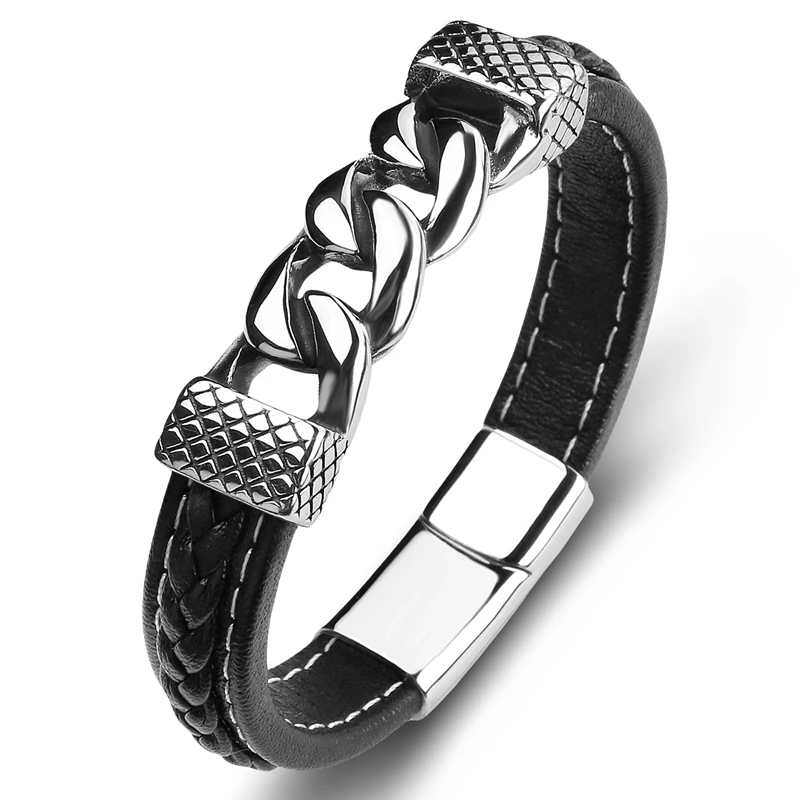 Vintage Black Genuine Leather Charm Cuff Bracelets Stainless Steel Chain Link Men Male Sporty Bangles Pulsera
Vintage Black Genuine Leather Charm Cuff Bracelets Stainless Steel Chain Link Men Male Sporty Bangles Pulsera