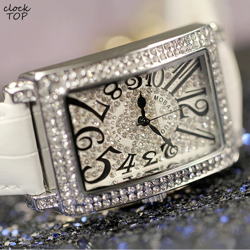 

Women Diamond Watch Rectangle Rectangular Dial Iced Out Female Wristwatch Rhinestone Ladies Luxury Genuine Leather Square Reloj