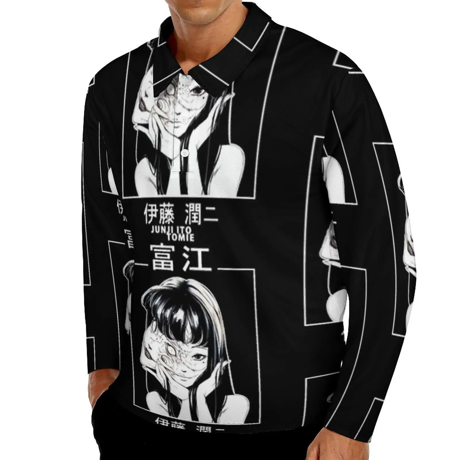 

Junji Ito Polo Shirts Daily Japanese Cartoon Scary Casual Shirt Long Sleeve Collar Novelty Graphic Oversized T-Shirts