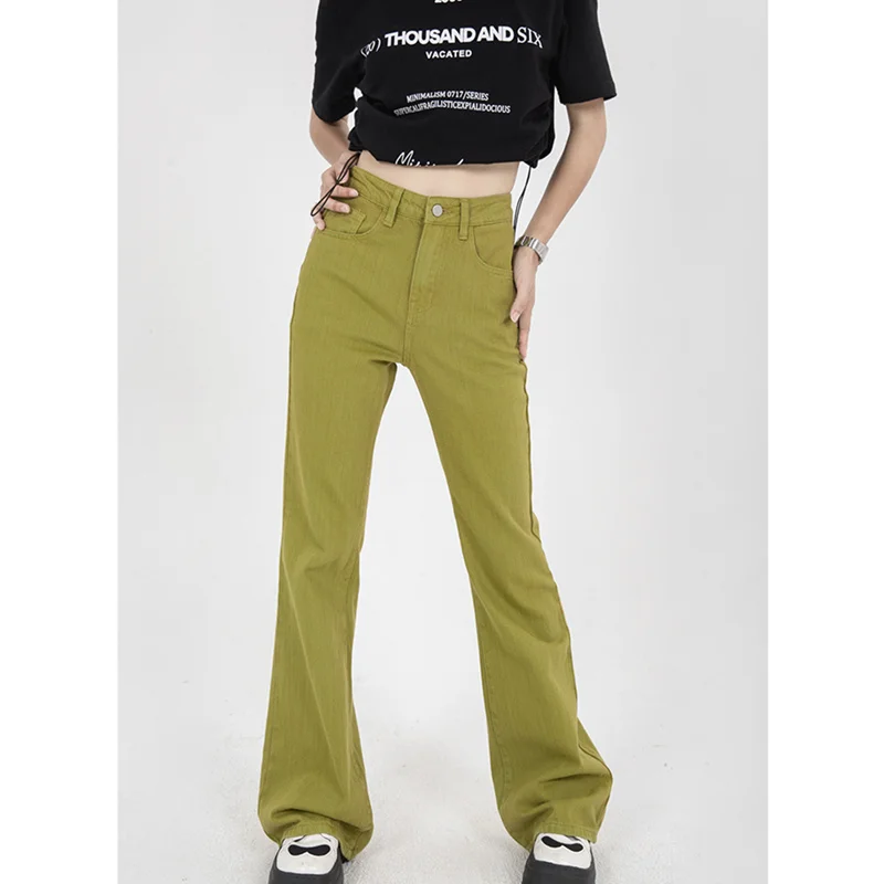 Женские джинсы с завышенной талией, повседневные прямые широкие брюки в американском стиле, однотонные зеленые брюки из денима для осени
Женские джинсы с завышенной талией, повседневные прямые широкие брюки в американском стиле, однотонные зеленые брюки из денима для осени